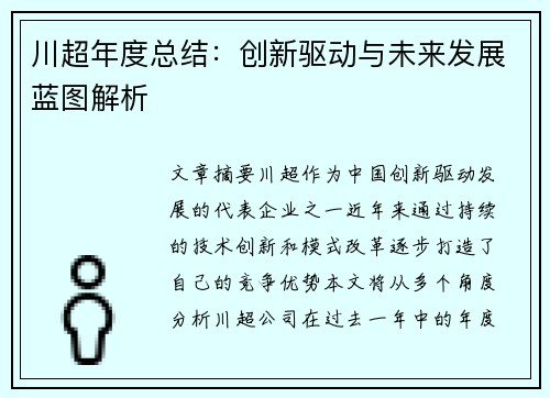 川超年度总结：创新驱动与未来发展蓝图解析